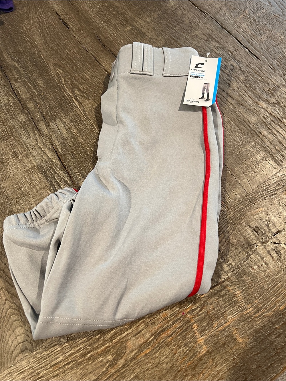 Boys Gray Athletic Knicker style Baseball Pants with Red Stripe
